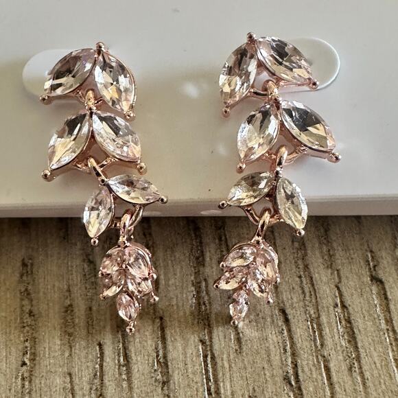 New Icing Rose Gold Tone Rhinestone Leaf Drop Necklace & Dangle Earring Set - Picture 2 of 5